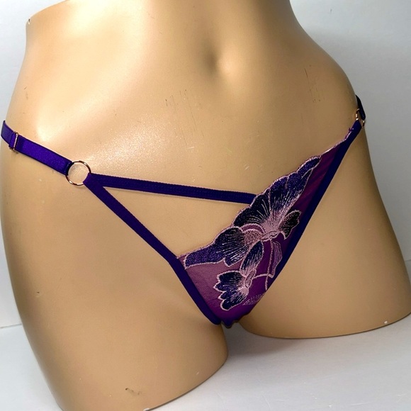 Orchid‎ Embroidered Sheer Mesh Cut Out Adjustable Satin G-String Thong Panty NEW - Picture 3 of 16